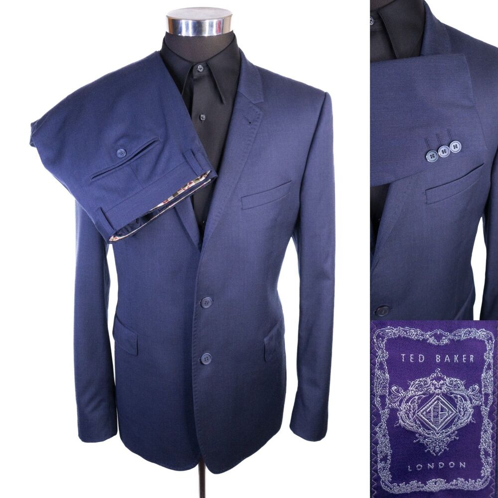 Ted Baker London 2-Pcs Solid Blue Wool Suit Blazer Jacket Sz 42R Pants 34X34